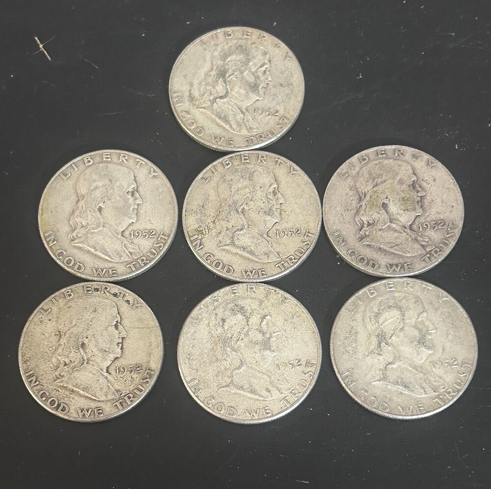 7 1952 Benjamin Franklin Half Dollars 90% Silver 50C Coins Lot US Mint